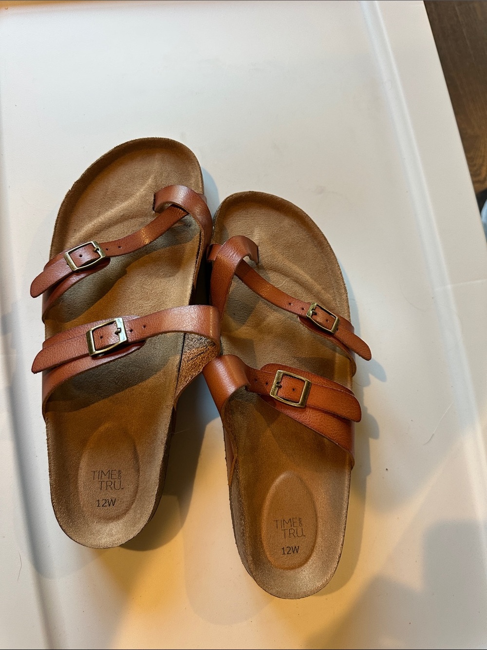 Time and Tru Tan Triple-Strap Buckle Slide Sandals for Women